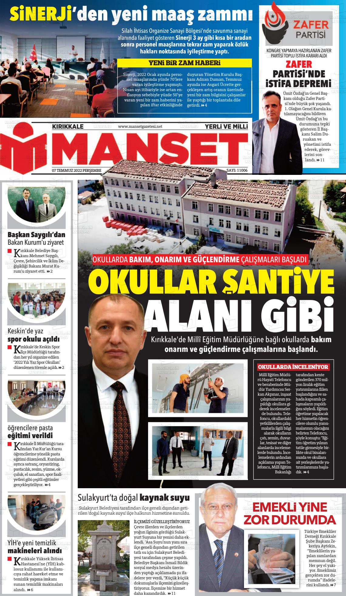 07 Temmuz 2022 Kırıkkale Manşet Gazete Manşeti