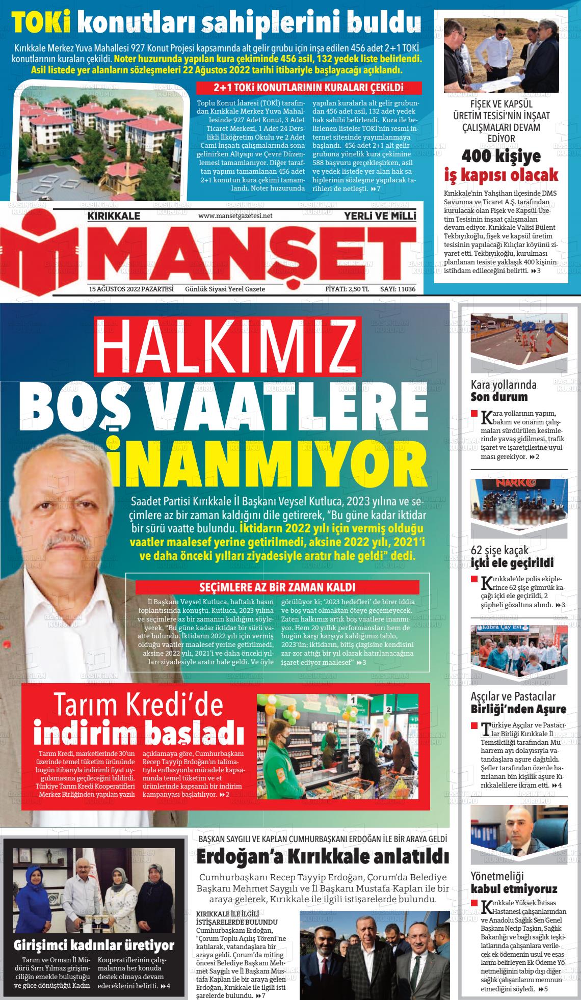 15 Ağustos 2022 Kırıkkale Manşet Gazete Manşeti
