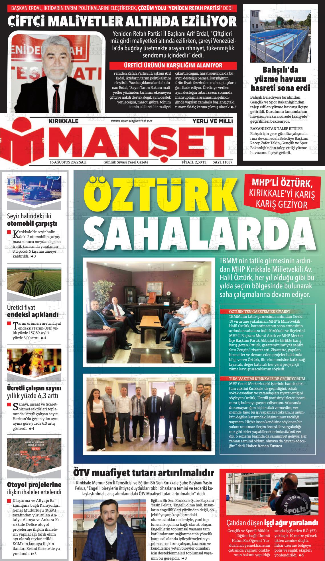 16 Ağustos 2022 Kırıkkale Manşet Gazete Manşeti