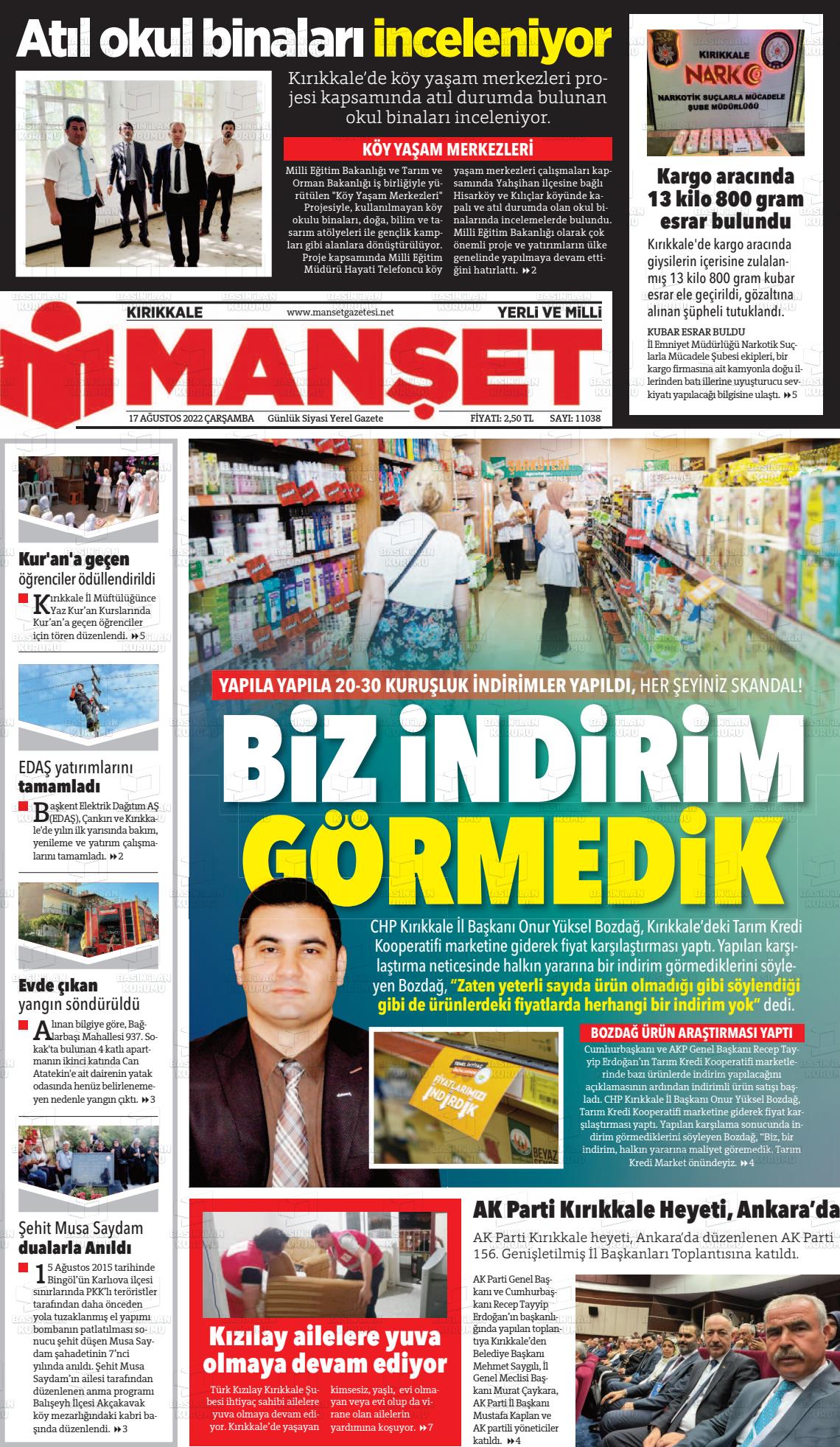 17 Ağustos 2022 Kırıkkale Manşet Gazete Manşeti
