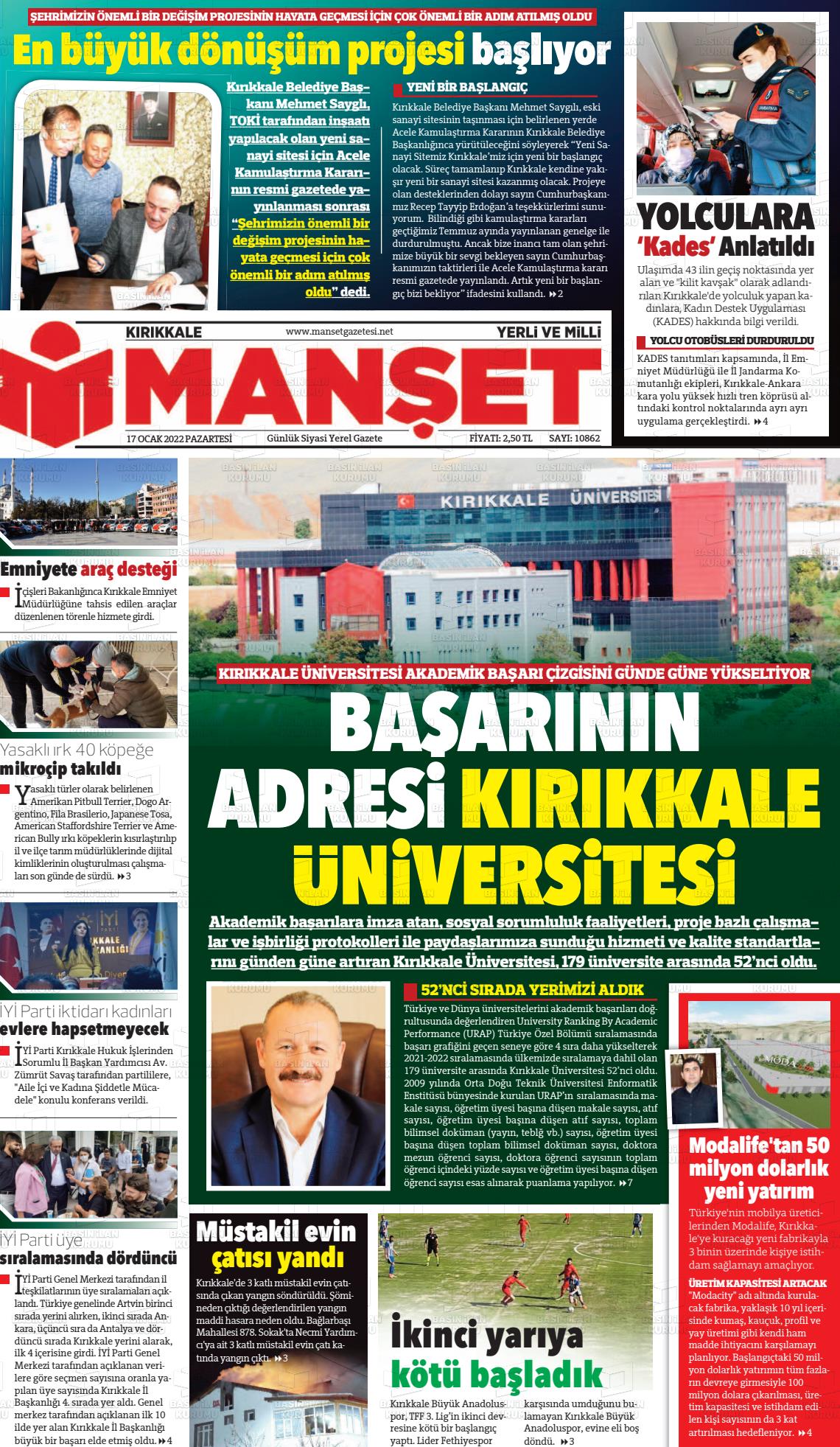 17 Ocak 2022 Kırıkkale Manşet Gazete Manşeti