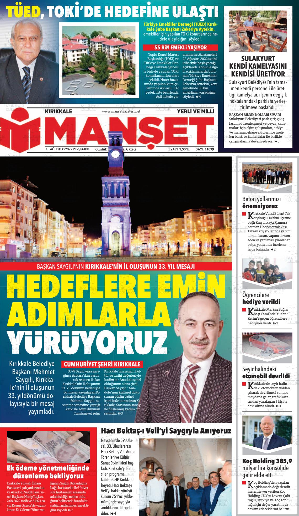 18 Ağustos 2022 Kırıkkale Manşet Gazete Manşeti