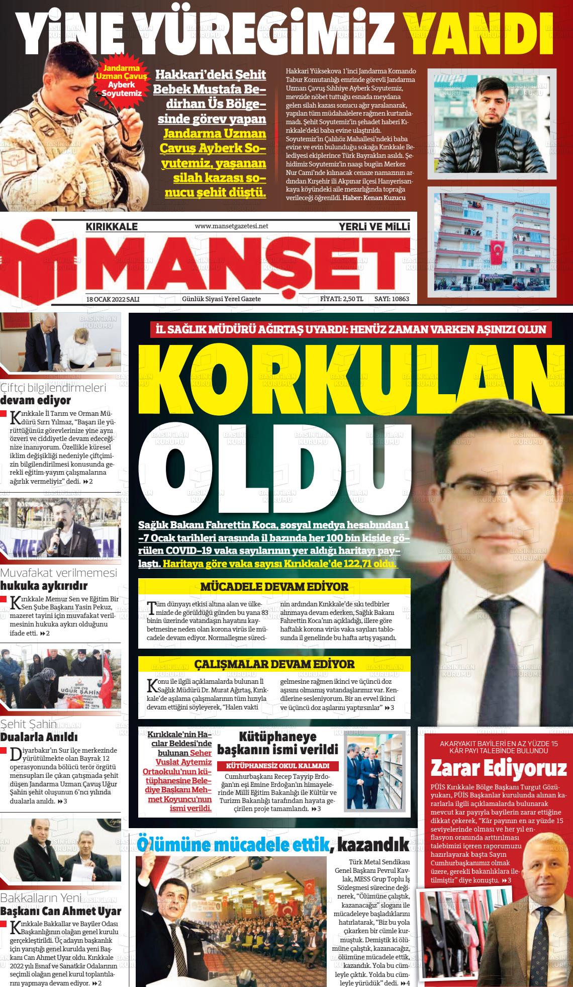 18 Ocak 2022 Kırıkkale Manşet Gazete Manşeti