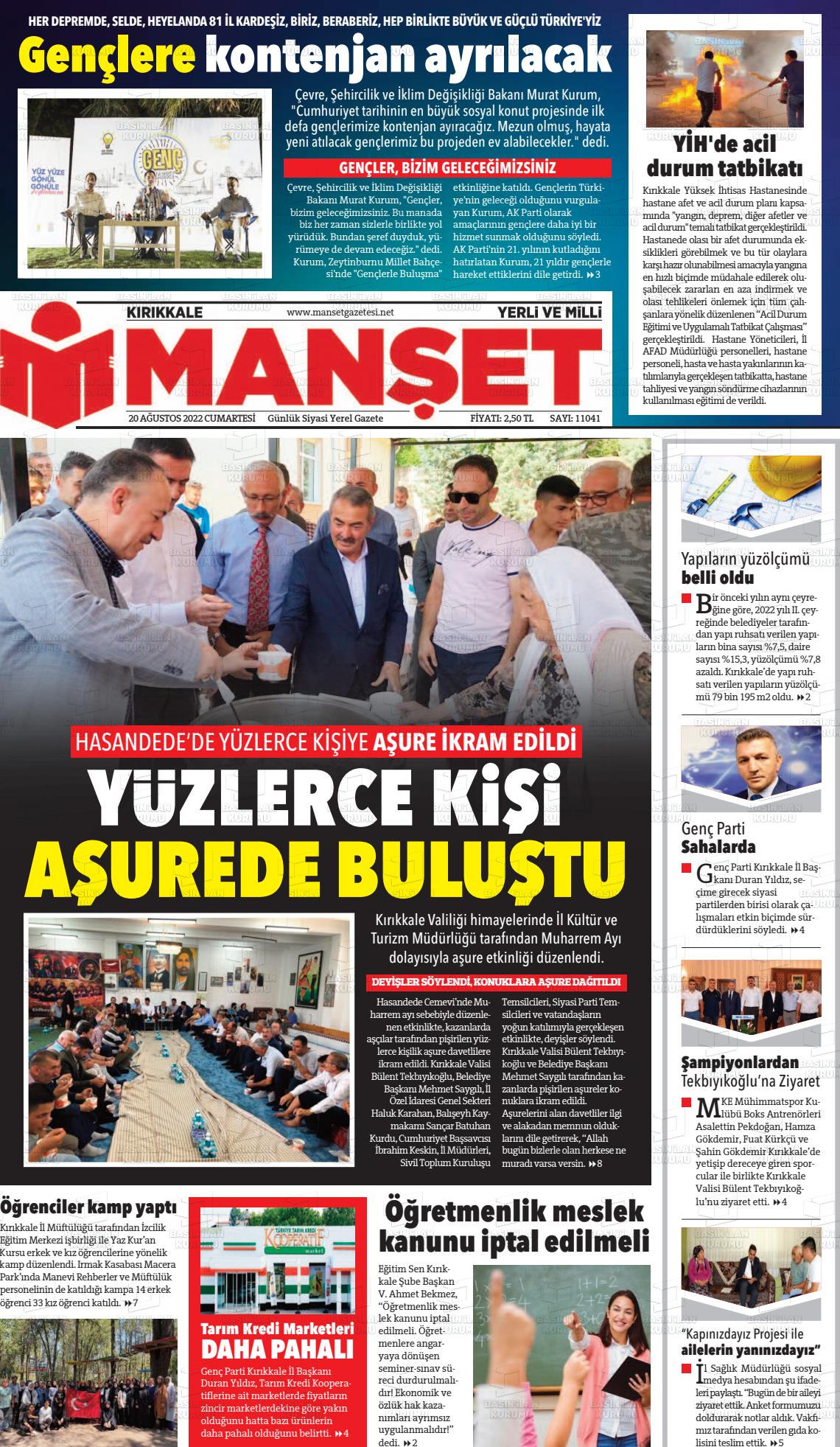 20 Ağustos 2022 Kırıkkale Manşet Gazete Manşeti