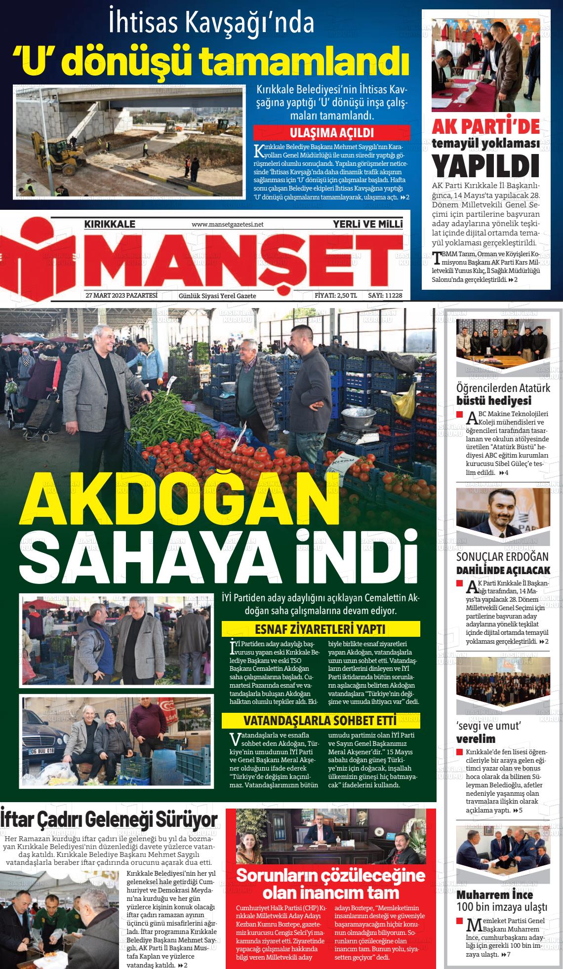 27 Mart 2023 Kırıkkale Manşet Gazete Manşeti