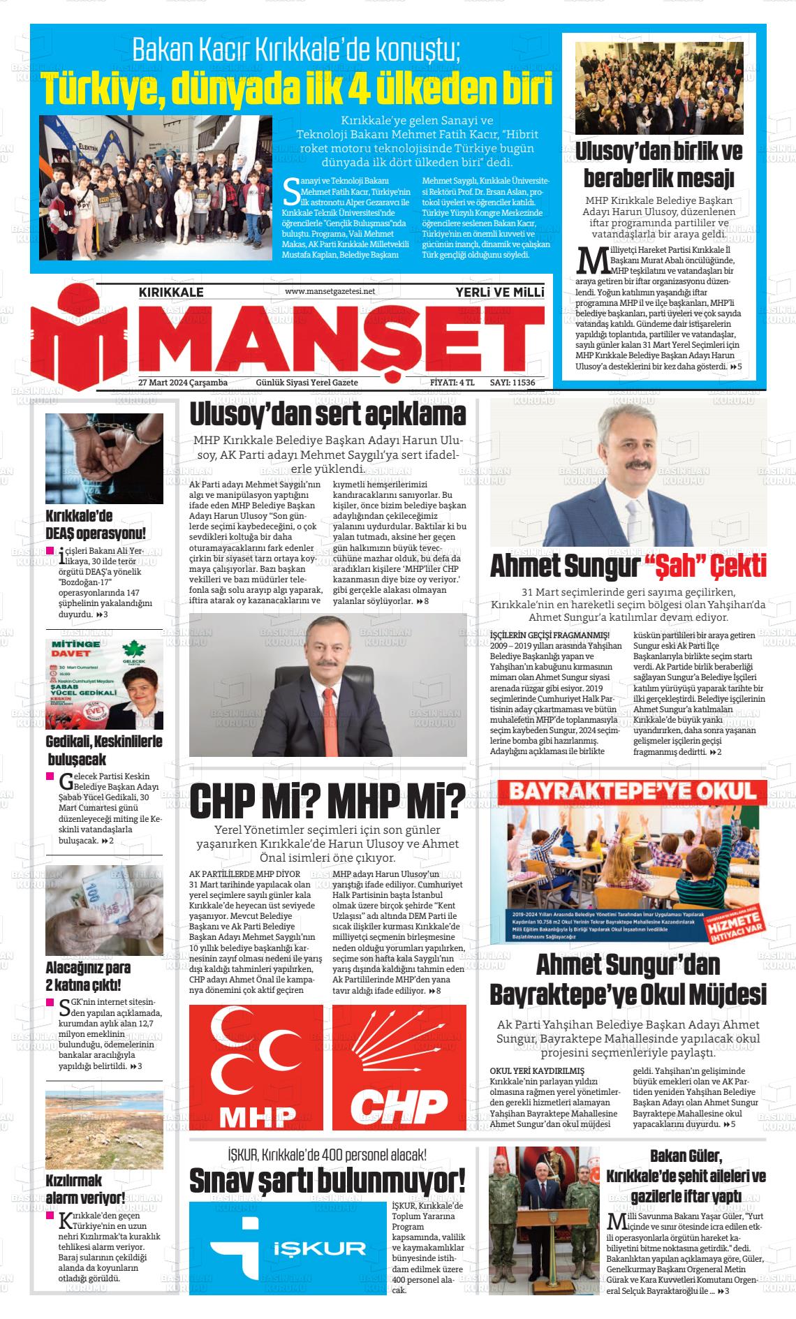 27 Mart 2024 Kırıkkale Manşet Gazete Manşeti