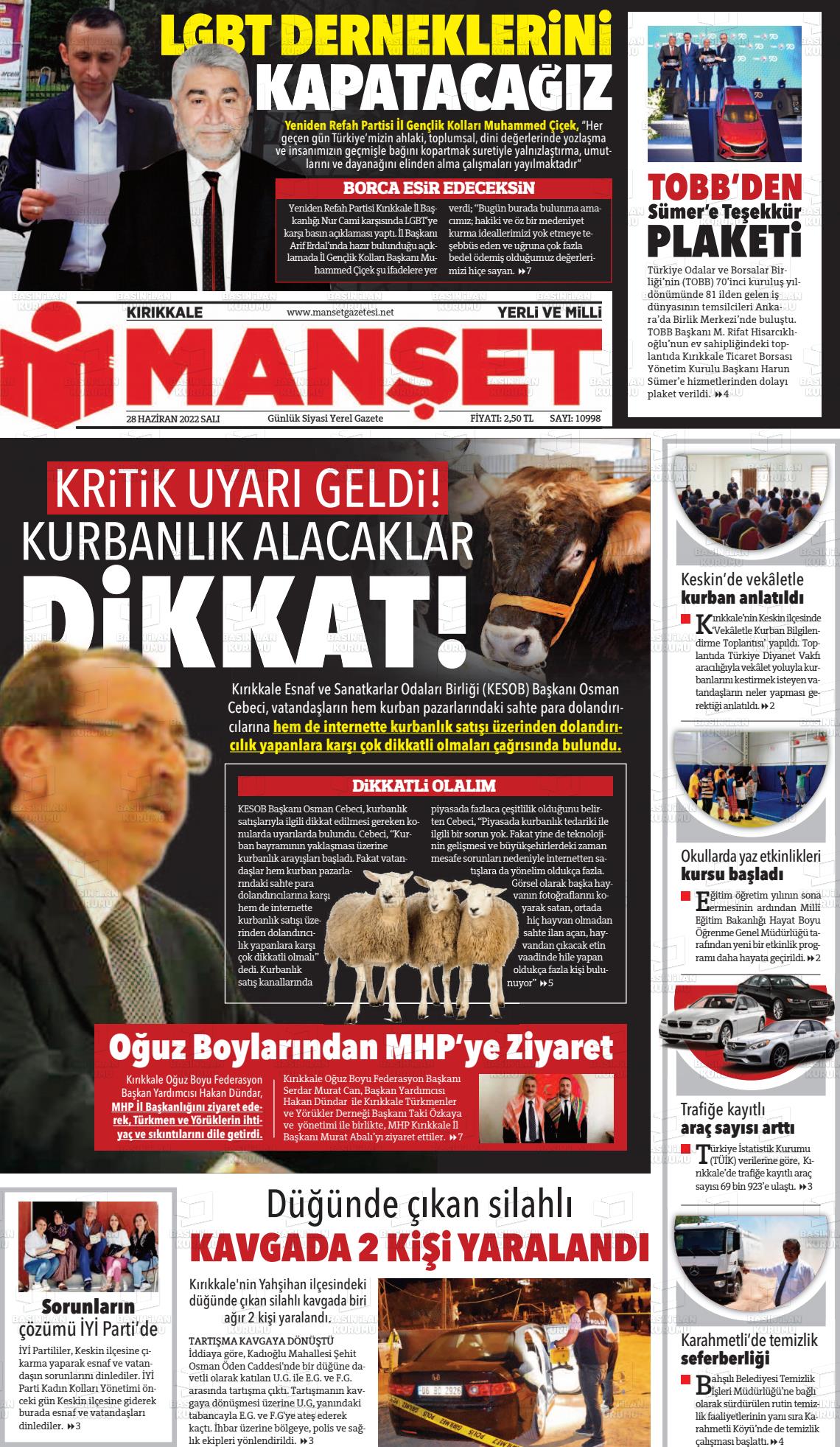 28 Haziran 2022 Kırıkkale Manşet Gazete Manşeti