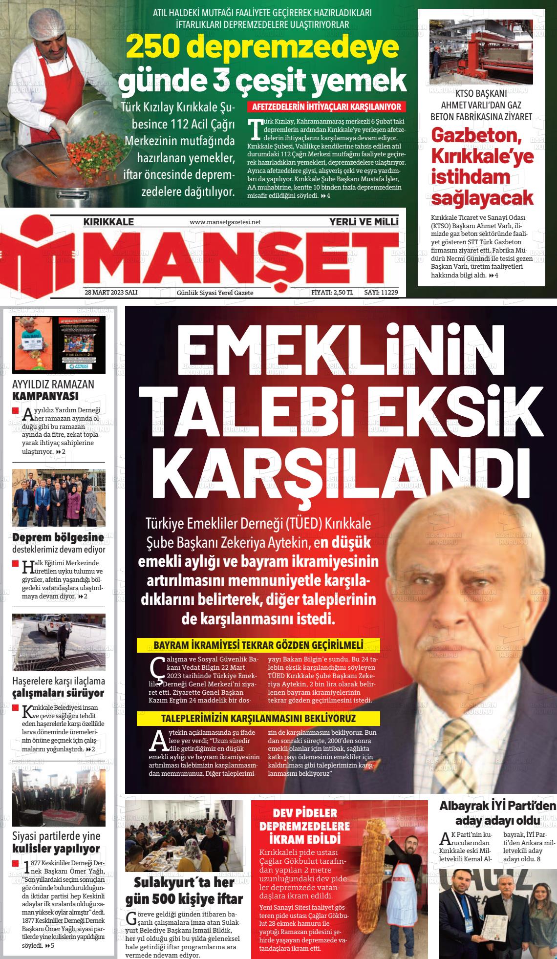 28 Mart 2023 Kırıkkale Manşet Gazete Manşeti