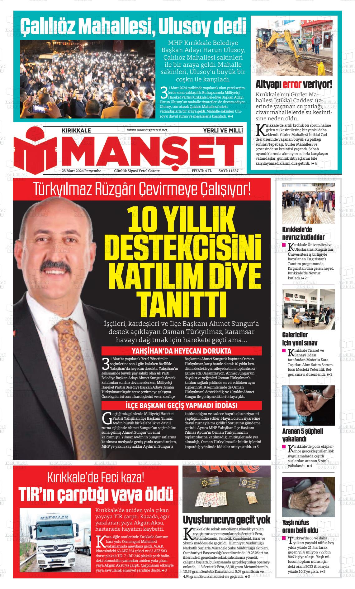 28 Mart 2024 Kırıkkale Manşet Gazete Manşeti