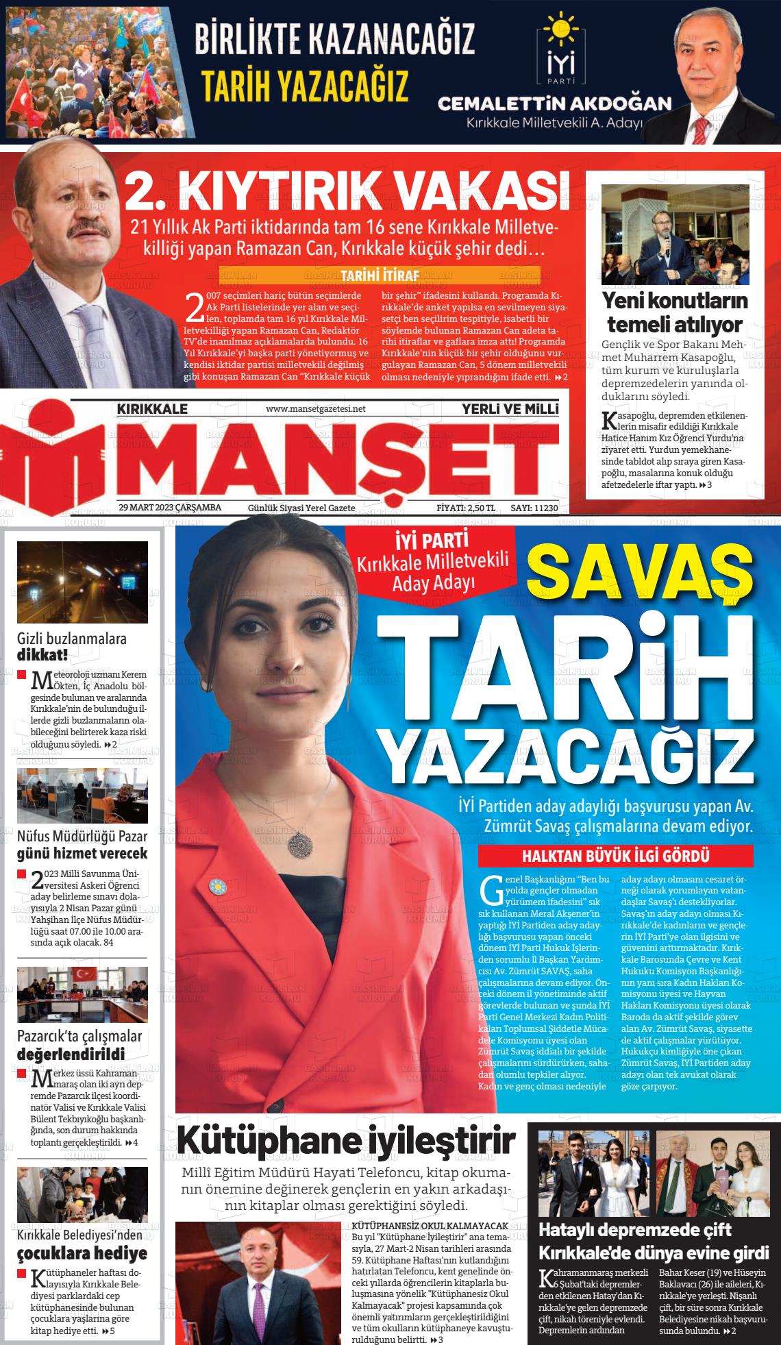 29 Mart 2023 Kırıkkale Manşet Gazete Manşeti
