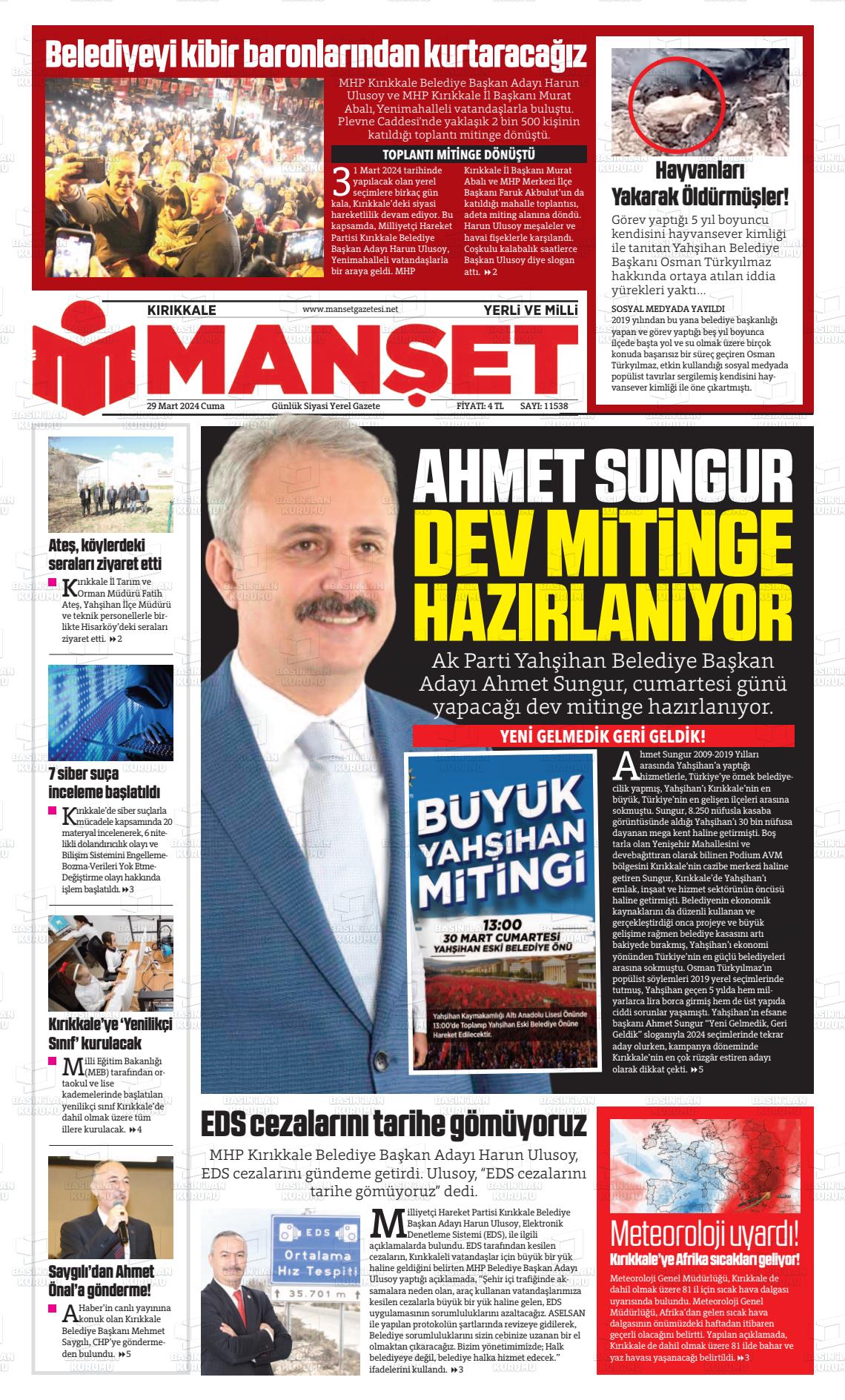 29 Mart 2024 Kırıkkale Manşet Gazete Manşeti