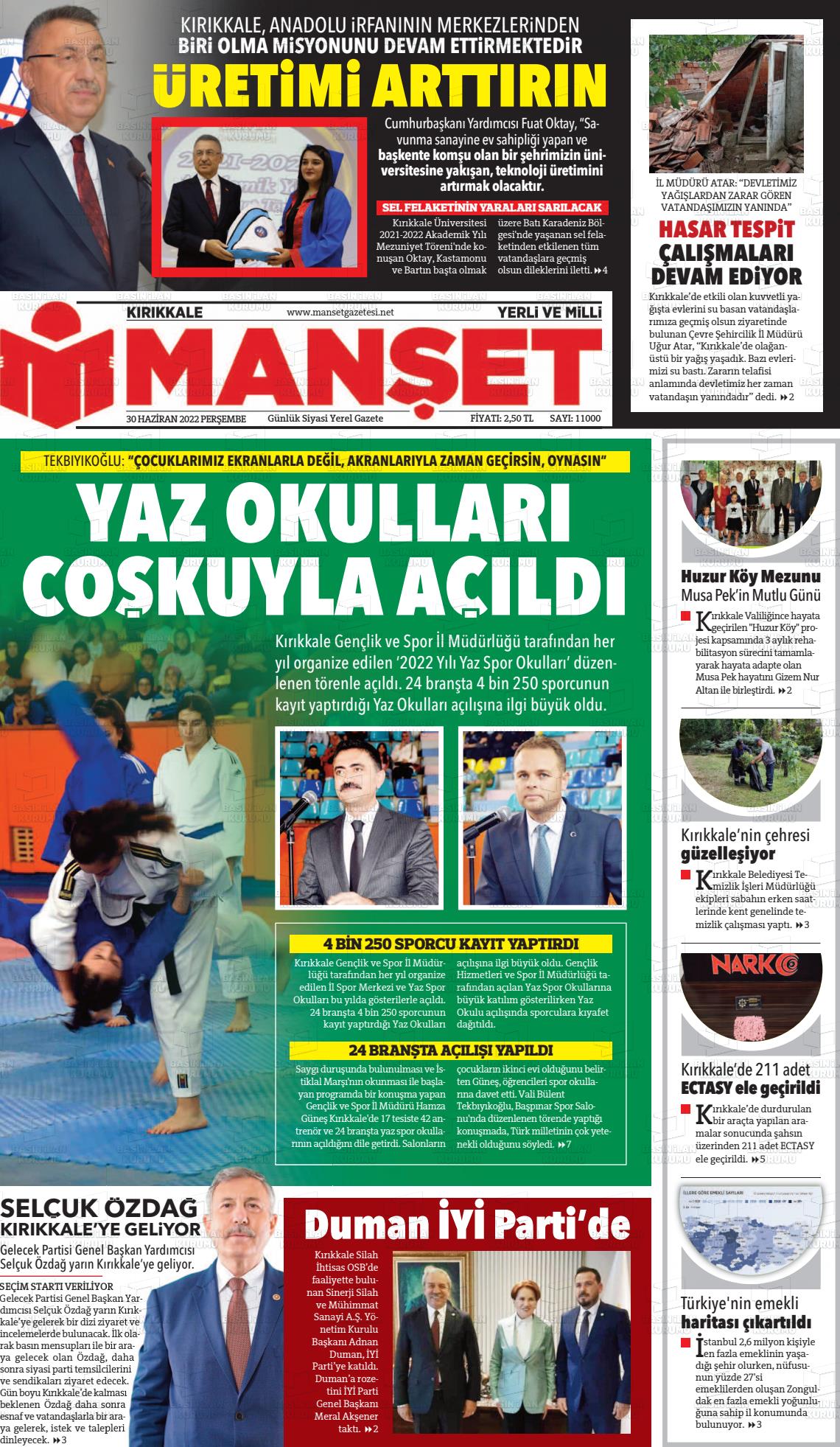 01 Temmuz 2022 Kırıkkale Manşet Gazete Manşeti