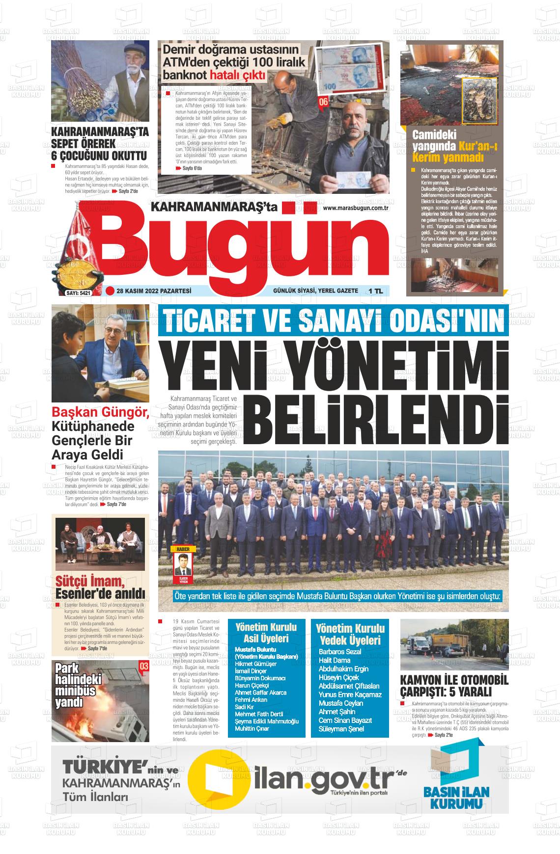 28 Kasım 2022 Maraş Bugün Gazete Manşeti