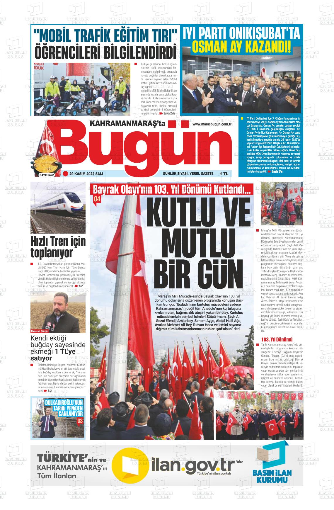 29 Kasım 2022 Maraş Bugün Gazete Manşeti