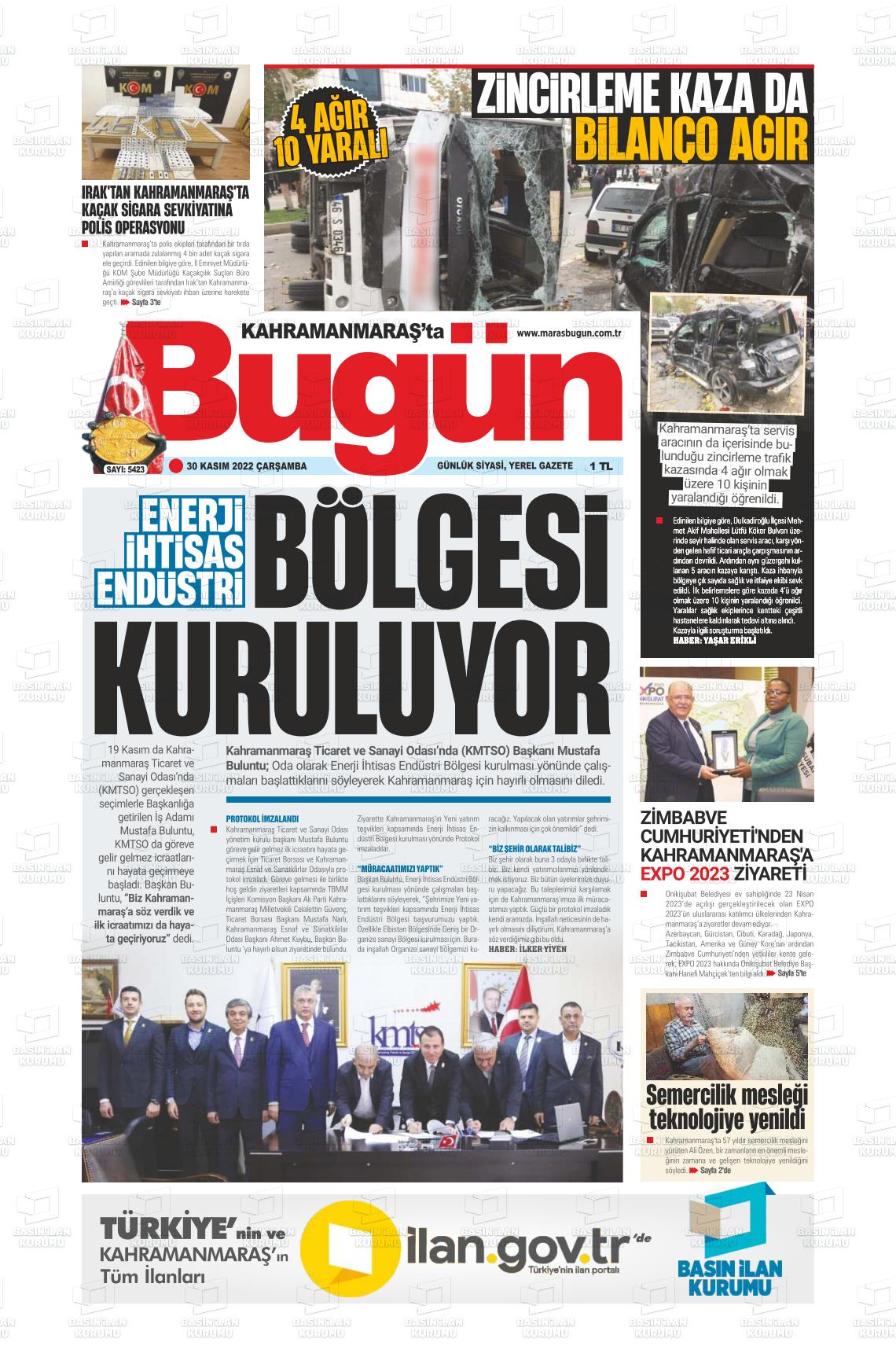 30 Kasım 2022 Maraş Bugün Gazete Manşeti