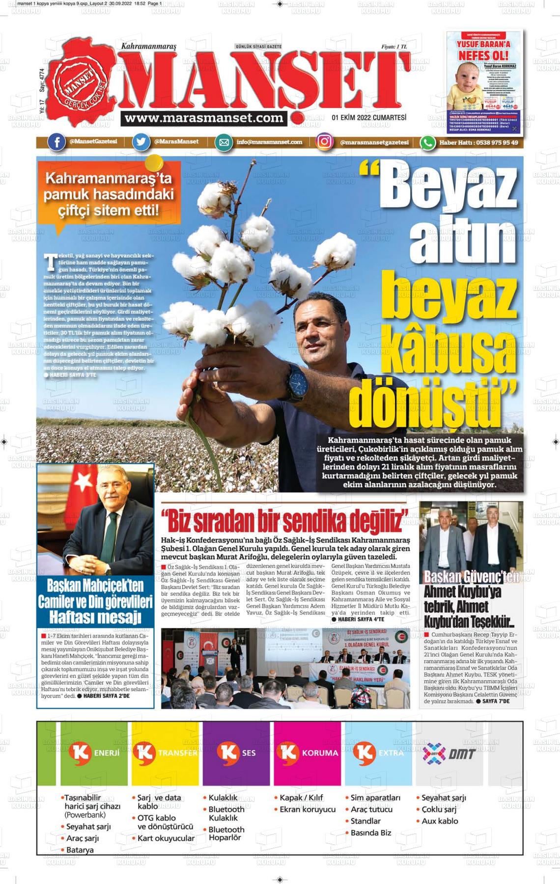 01 Ekim 2022 Manşet Gazete Manşeti