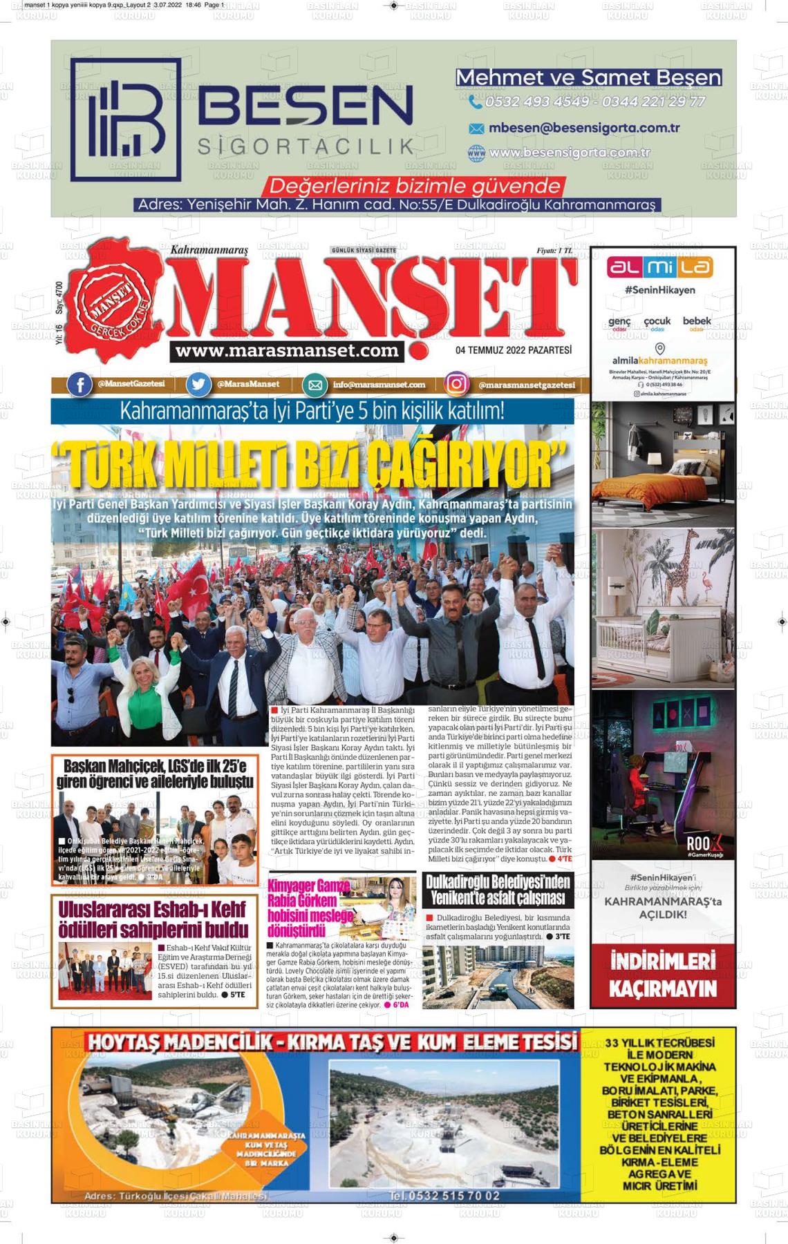 04 Temmuz 2022 Manşet Gazete Manşeti