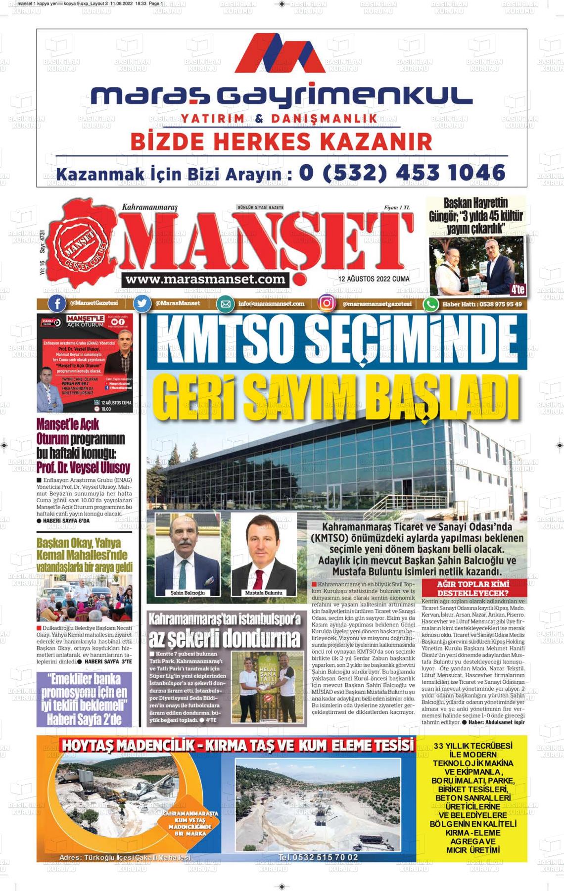 12 Ağustos 2022 Manşet Gazete Manşeti