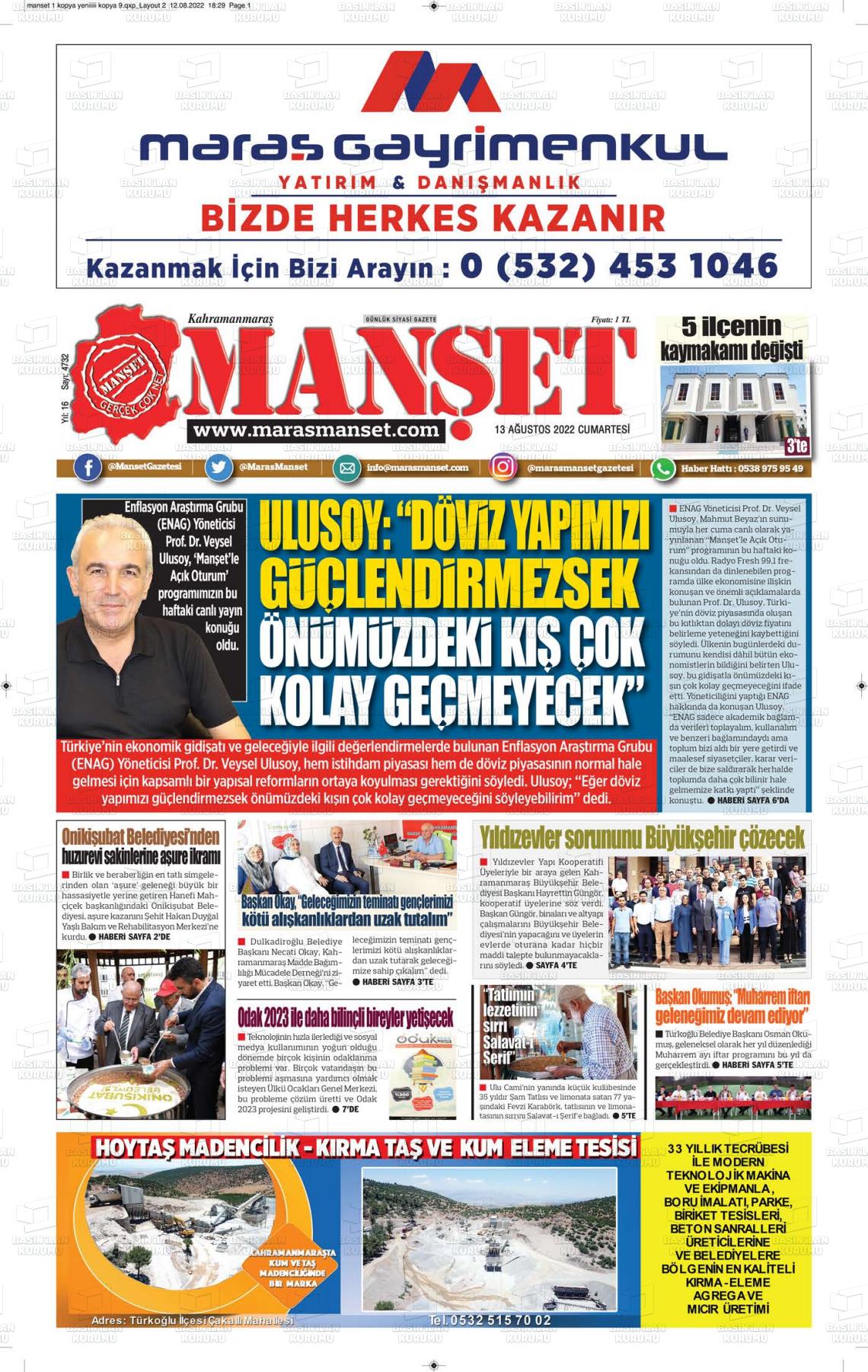 13 Ağustos 2022 Manşet Gazete Manşeti
