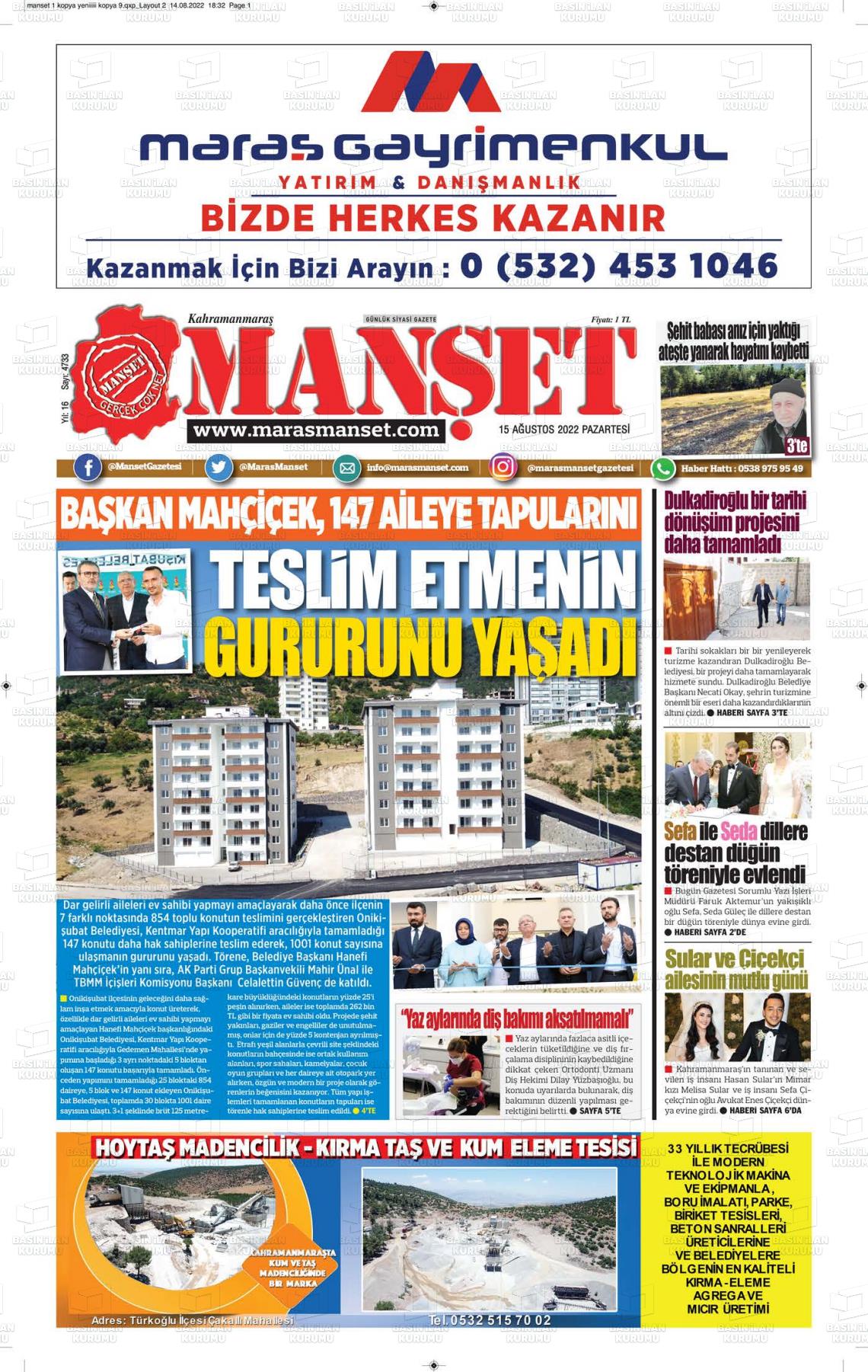 15 Ağustos 2022 Manşet Gazete Manşeti
