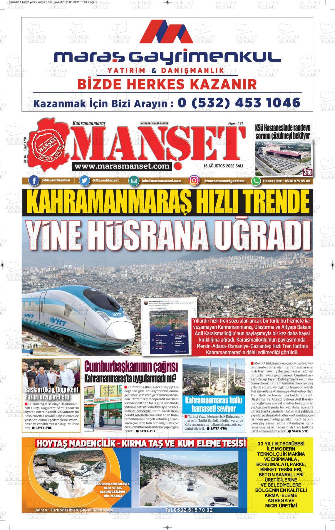 16 Ağustos 2022 Manşet Gazete Manşeti