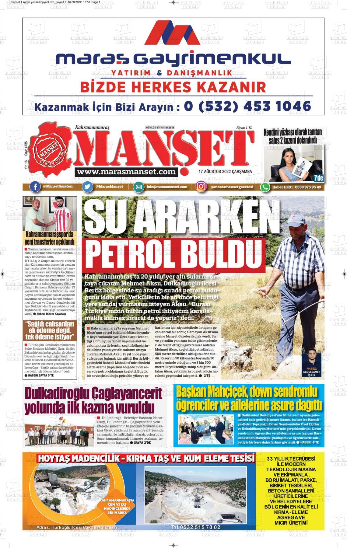 17 Ağustos 2022 Manşet Gazete Manşeti
