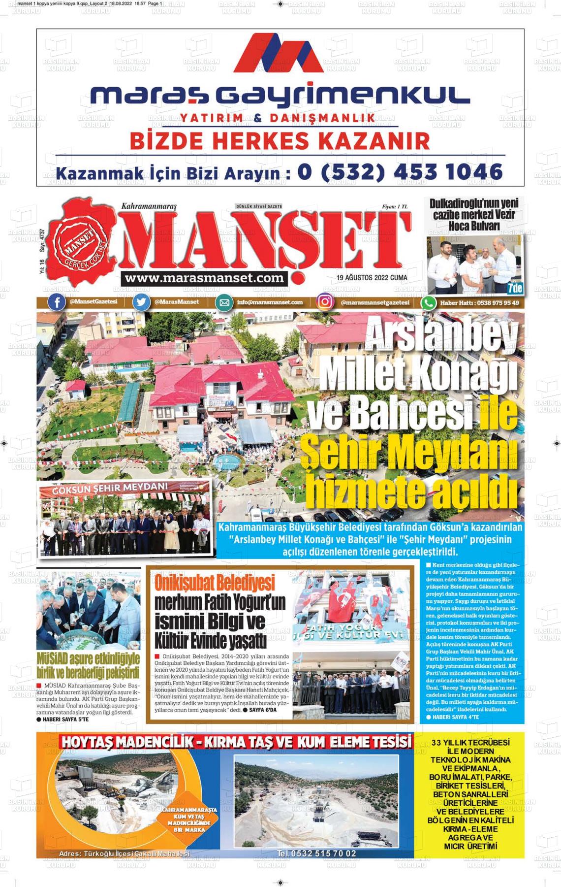19 Ağustos 2022 Manşet Gazete Manşeti