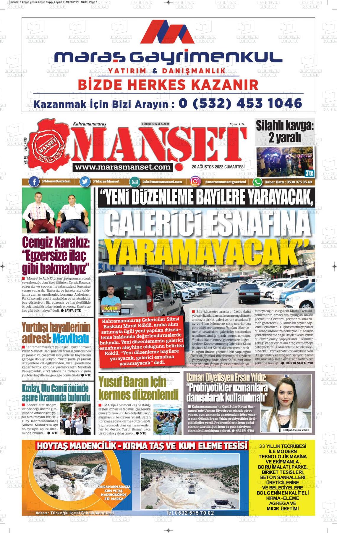 20 Ağustos 2022 Manşet Gazete Manşeti