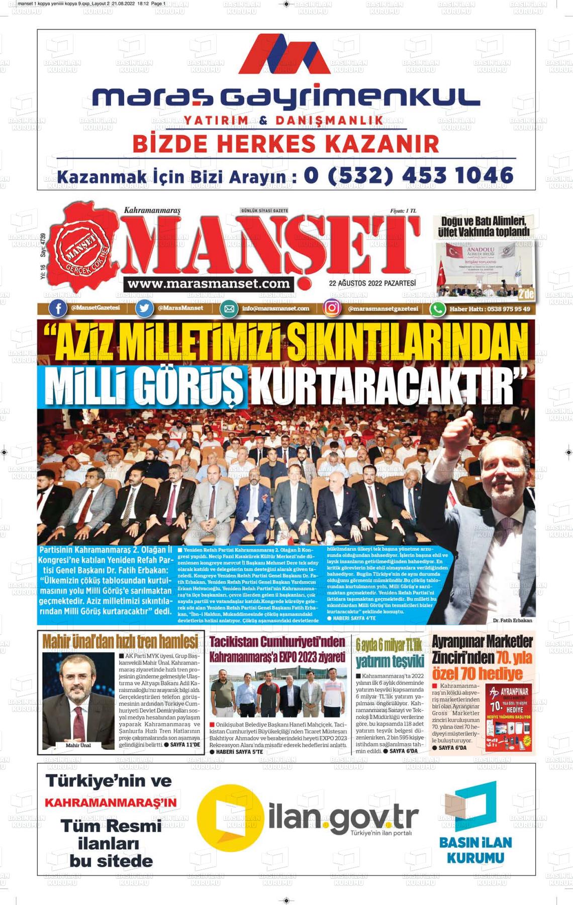 22 Ağustos 2022 Manşet Gazete Manşeti