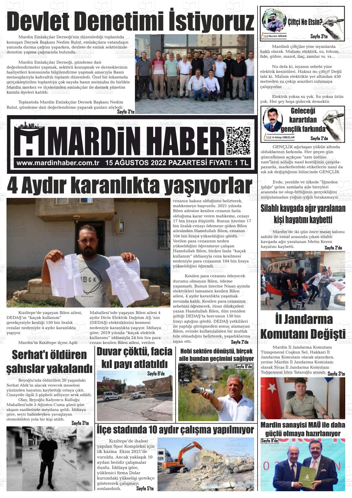 15 Ağustos 2022 Mardin Haber Gazete Manşeti