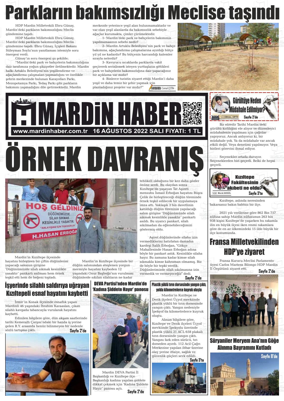 16 Ağustos 2022 Mardin Haber Gazete Manşeti