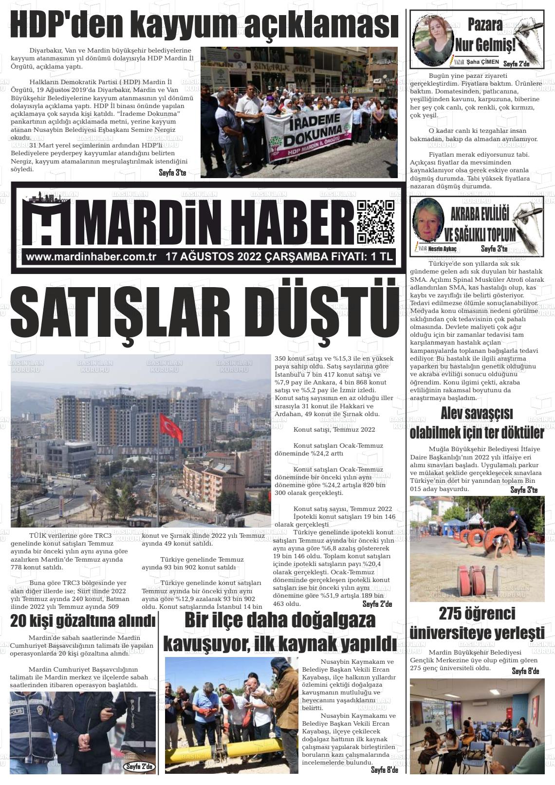 17 Ağustos 2022 Mardin Haber Gazete Manşeti