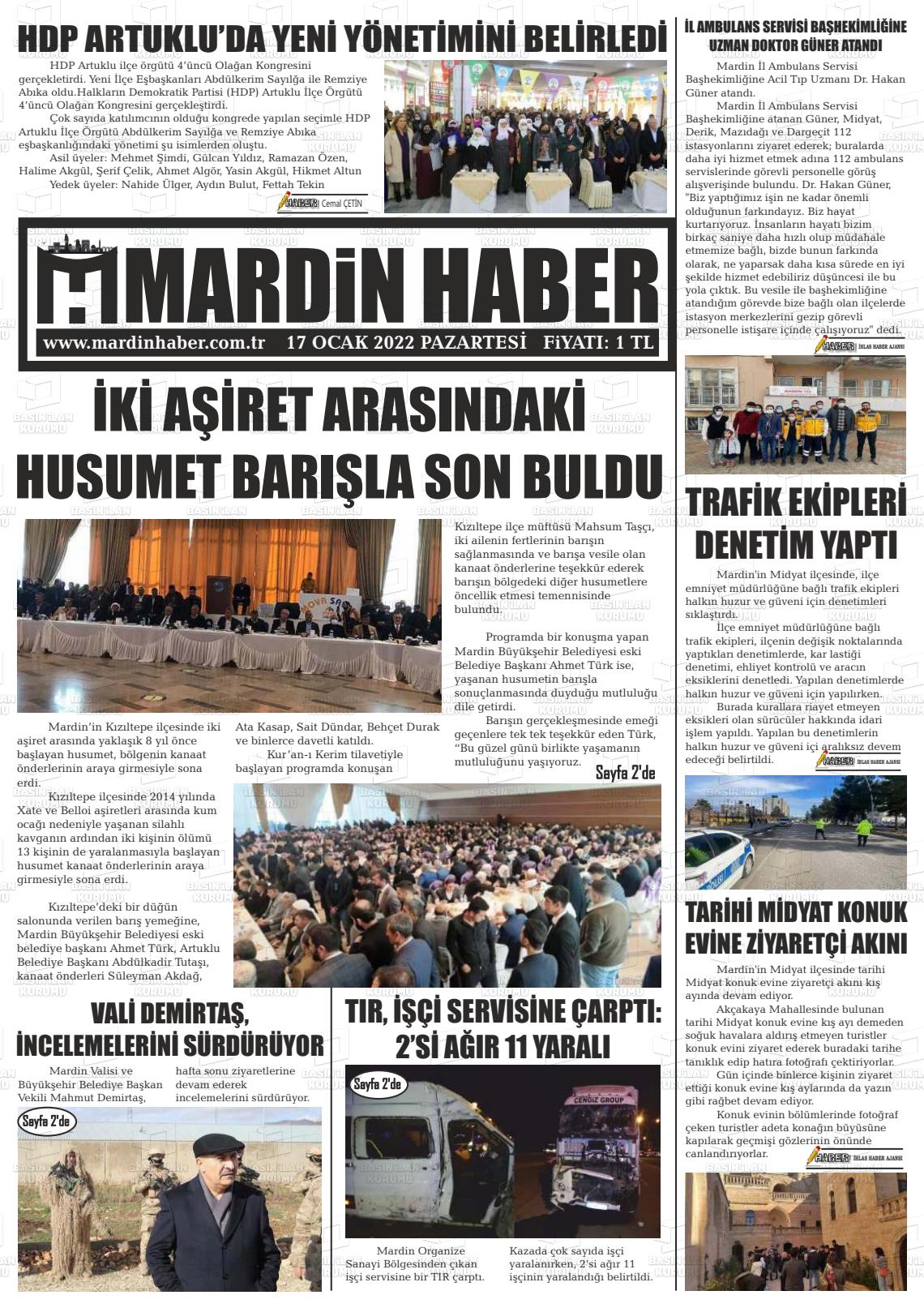 17 Ocak 2022 Mardin Haber Gazete Manşeti