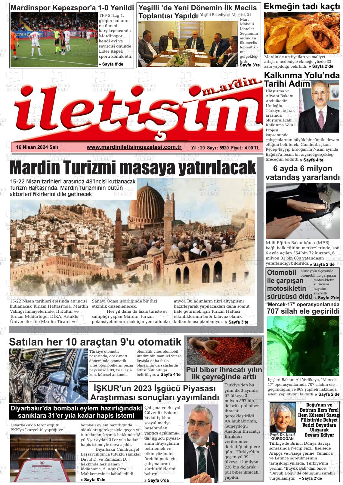 16 Nisan 2024 Mardin İletişim Gazete Manşeti