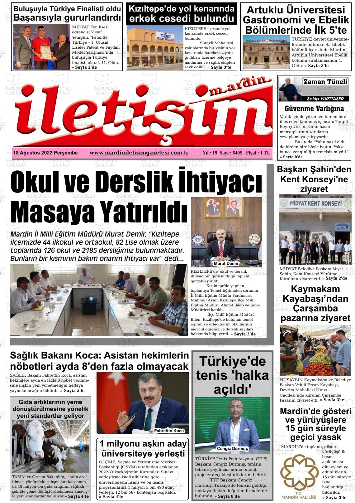 18 Ağustos 2022 Mardin İletişim Gazete Manşeti