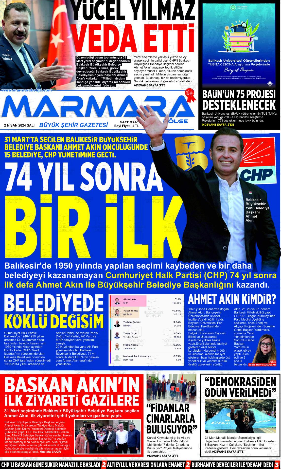 02 Nisan 2024 Marmara Bölge Gazete Manşeti
