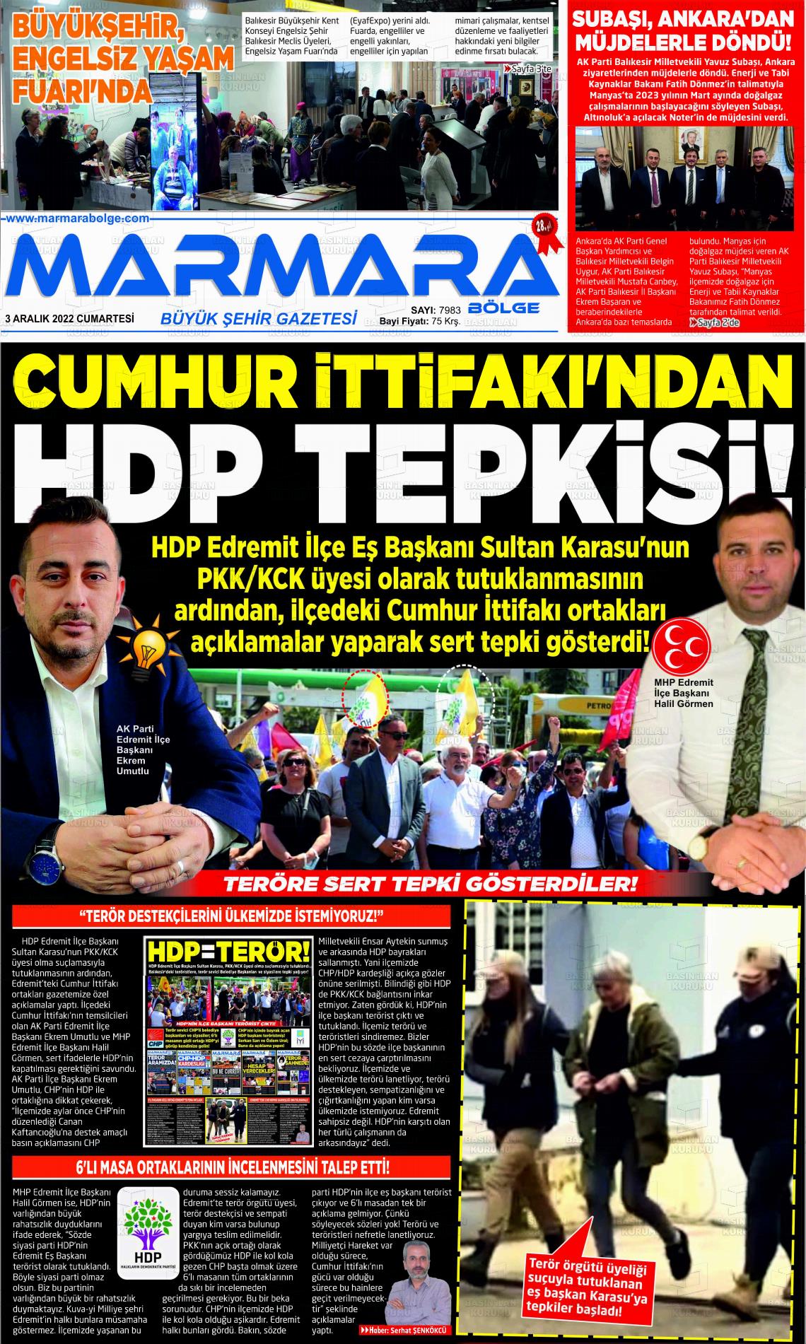 03 Aralık 2022 Marmara Bölge Gazete Manşeti