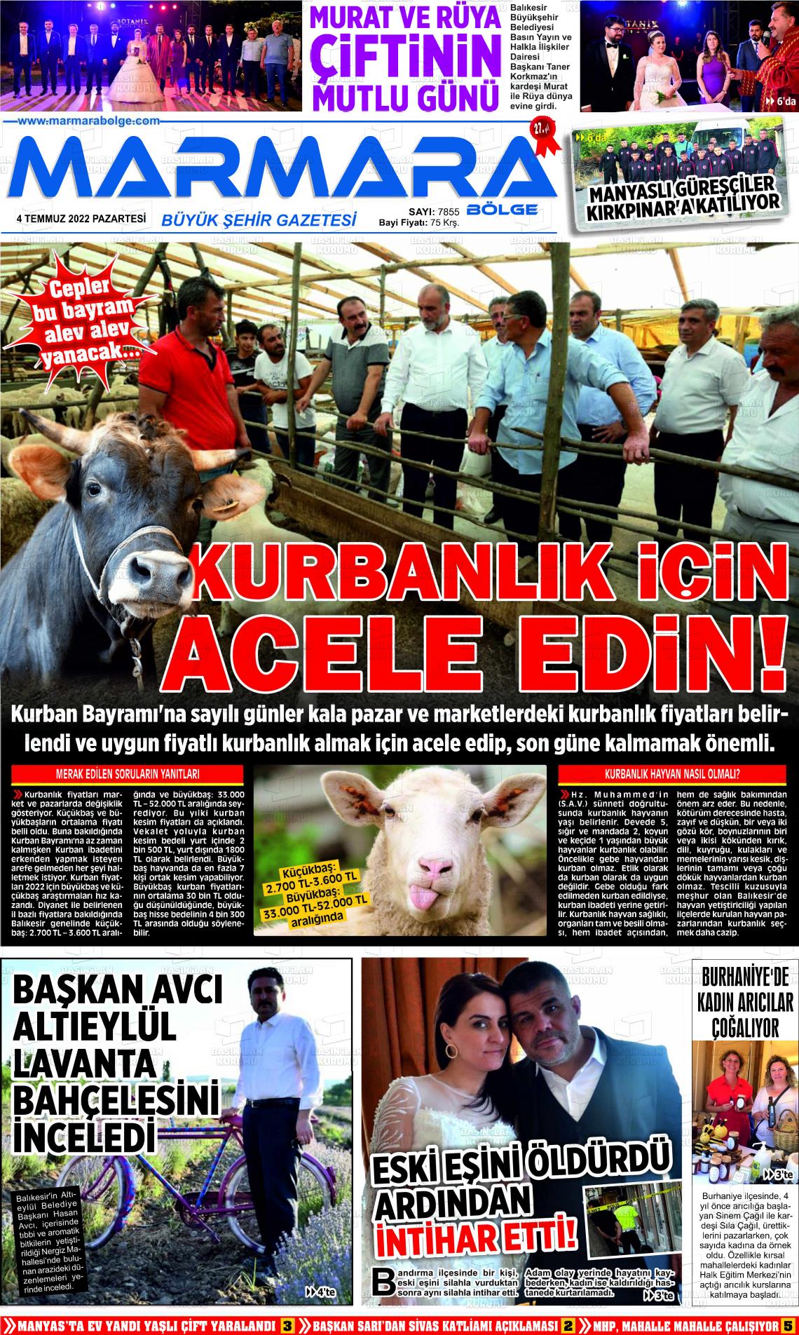 04 Temmuz 2022 Marmara Bölge Gazete Manşeti