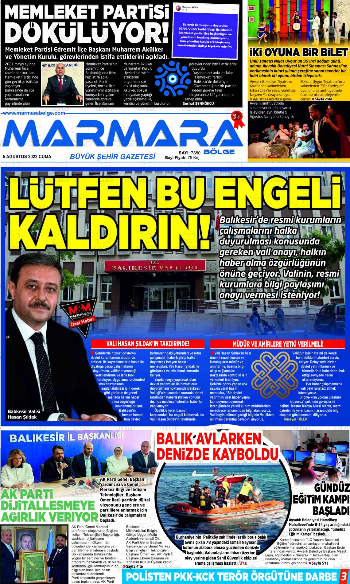 05 Ağustos 2022 Marmara Bölge Gazete Manşeti