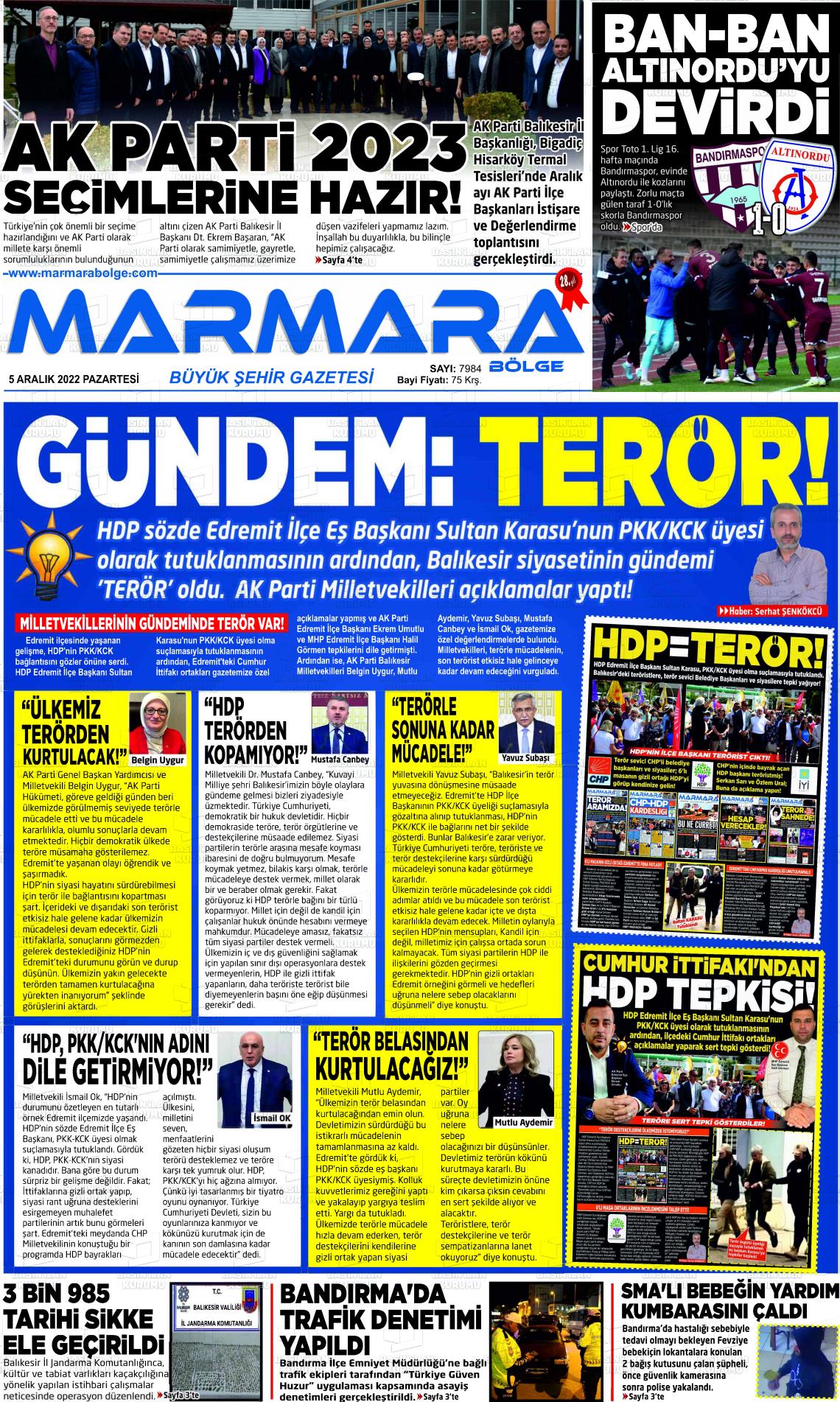 05 Aralık 2022 Marmara Bölge Gazete Manşeti