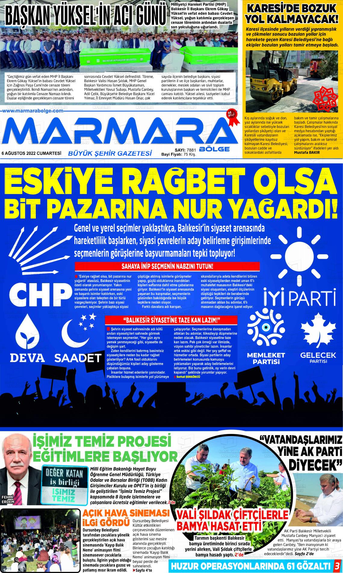 06 Ağustos 2022 Marmara Bölge Gazete Manşeti
