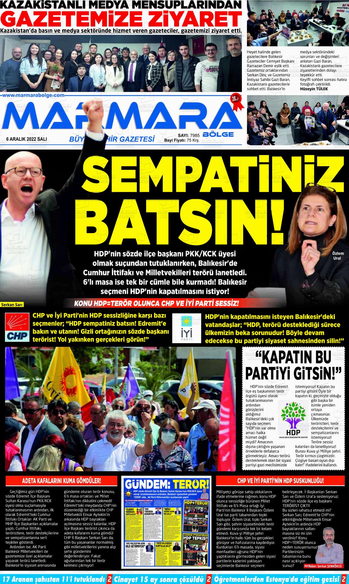 06 Aralık 2022 Marmara Bölge Gazete Manşeti