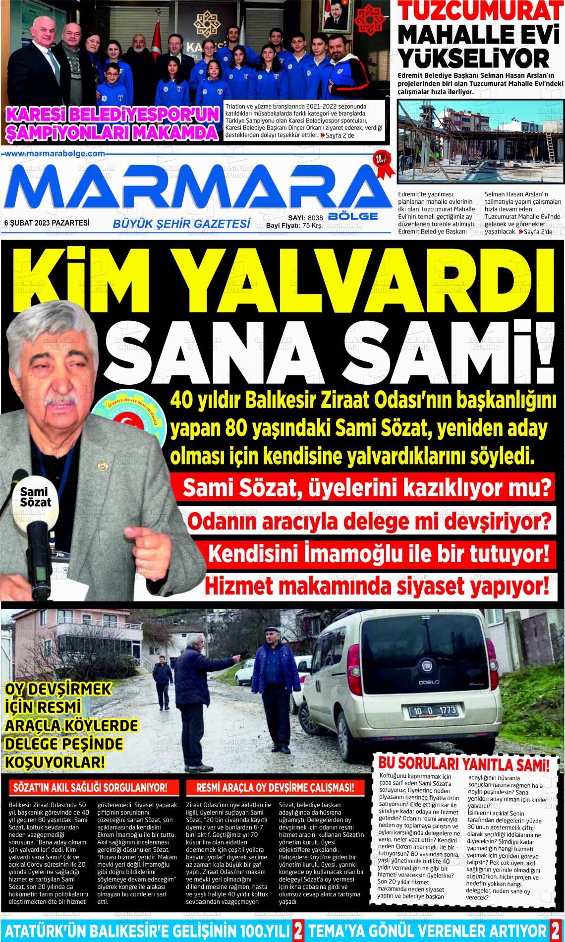 06 Şubat 2023 Marmara Bölge Gazete Manşeti
