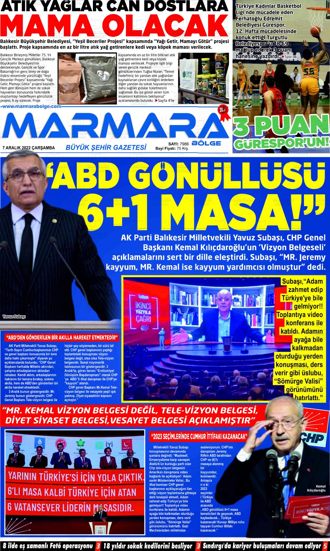 07 Aralık 2022 Marmara Bölge Gazete Manşeti