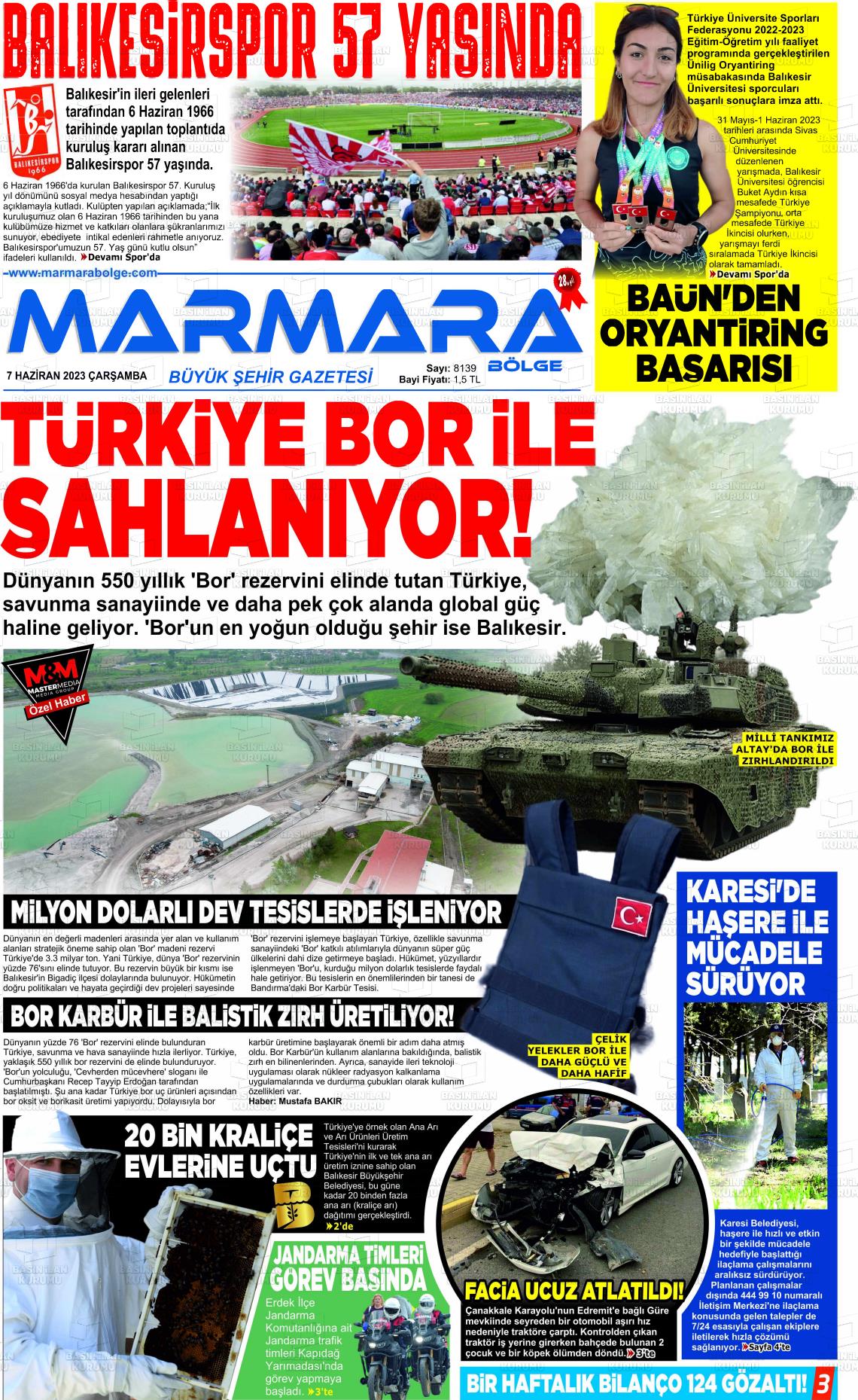 07 Haziran 2023 Marmara Bölge Gazete Manşeti