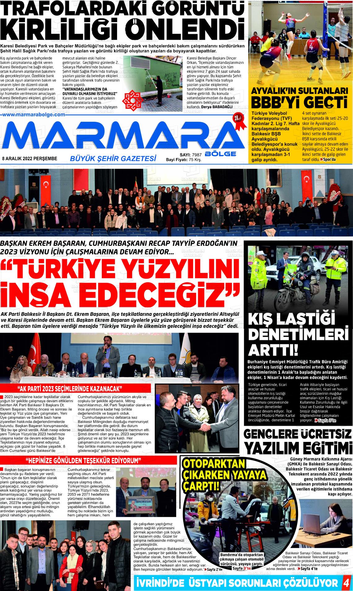 08 Aralık 2022 Marmara Bölge Gazete Manşeti