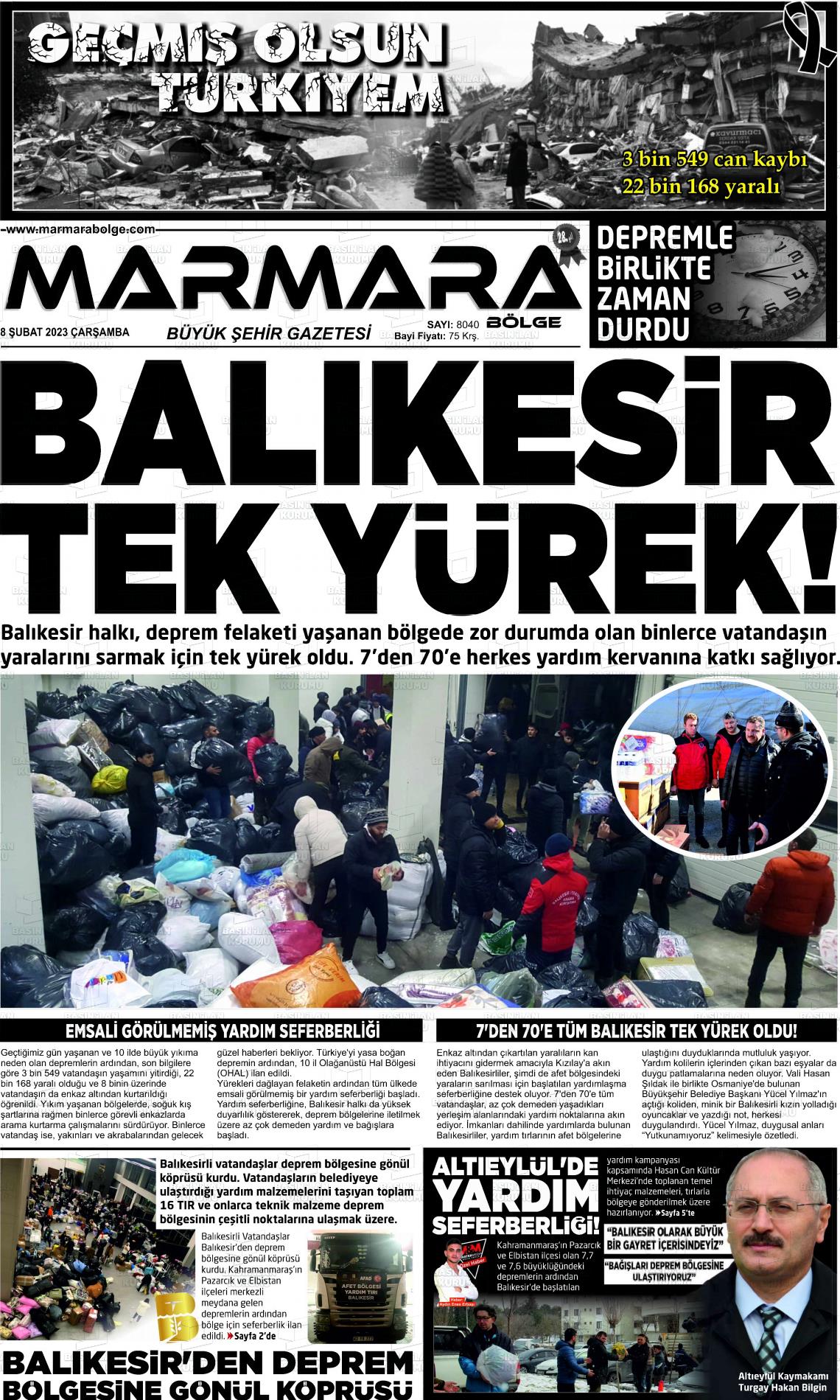 08 Şubat 2023 Marmara Bölge Gazete Manşeti