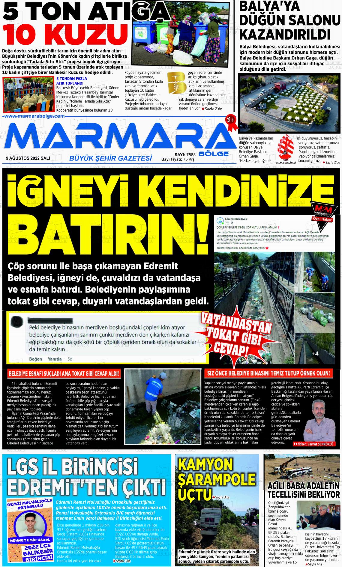 09 Ağustos 2022 Marmara Bölge Gazete Manşeti