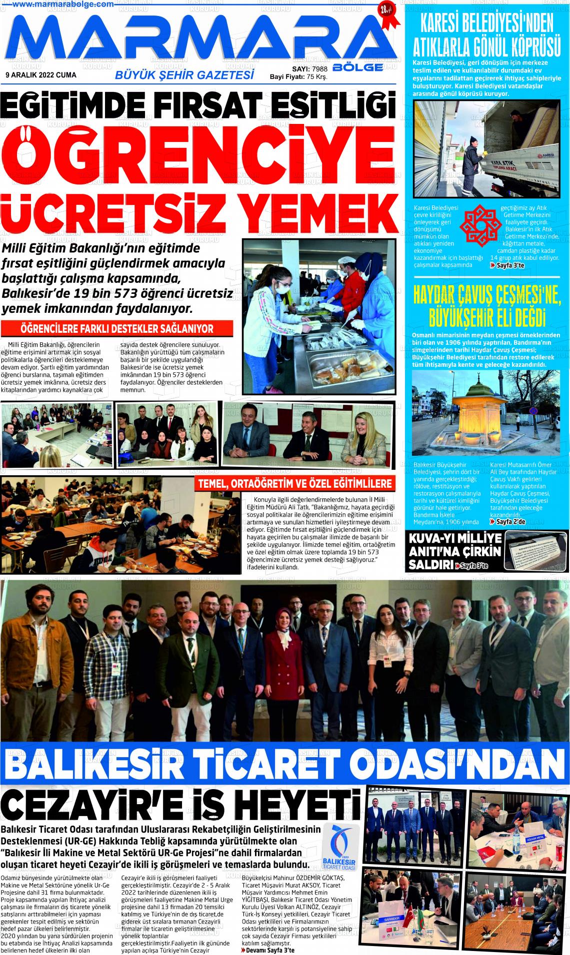 09 Aralık 2022 Marmara Bölge Gazete Manşeti