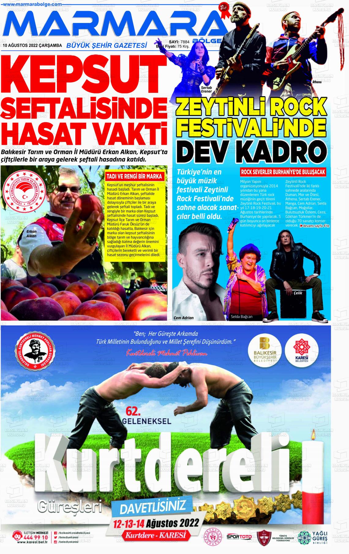 10 Ağustos 2022 Marmara Bölge Gazete Manşeti